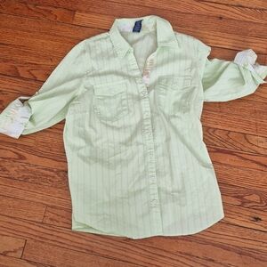 Izod Button Up Seafoam Cotton + Blouse Shirt Green Stripe Coastal, Beachy Spring